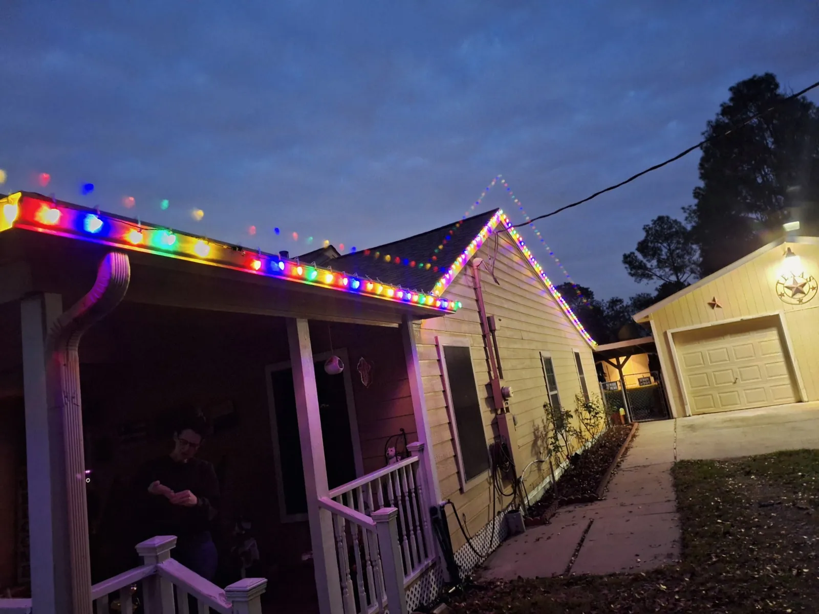 Porch roofline with multicolor lights